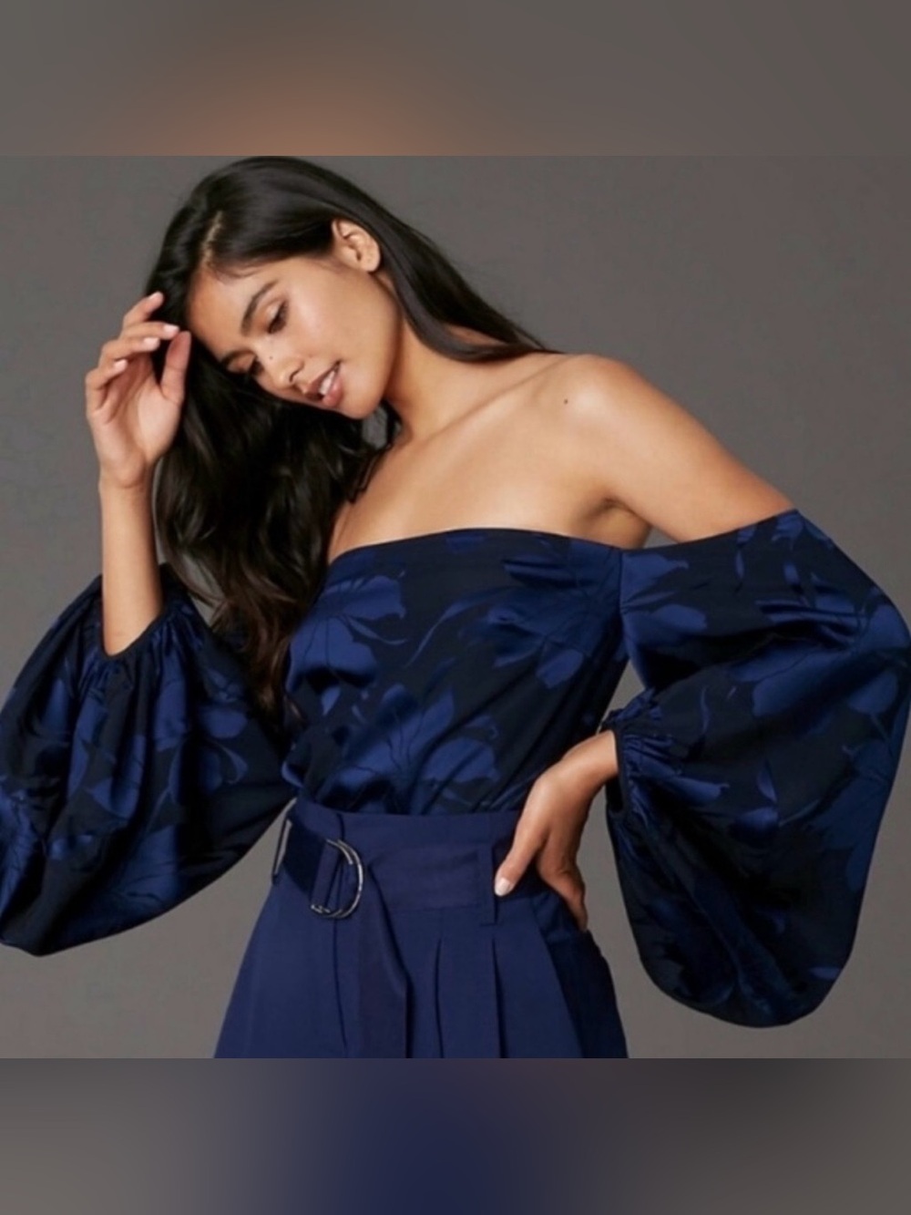 Diane Von Furstenberg Navy Off The Shoulder Bell Sleeve Floral Strapless Blouse